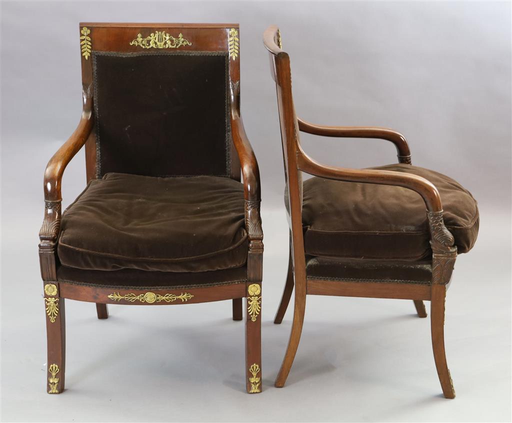 A pair of 19th century French Empire style ormolu mounted mahogany fauteuils, W.1ft 11in. D.1ft 8in. H.3ft